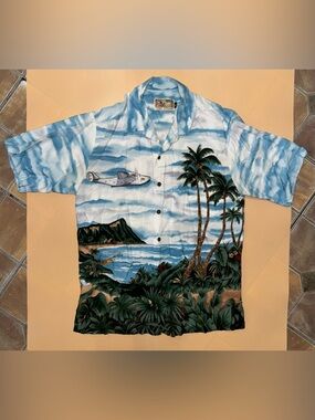 Tori Richard Hawaiian Shirt Vintage 90s Scenic Airplane Palm Tree Aloha